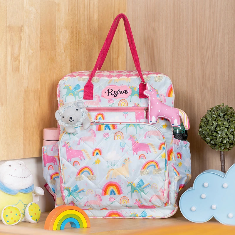 Blue unicorn Diaper Backpack - Close-up of Blue unicorn Logo on Baby Diaper Backpack