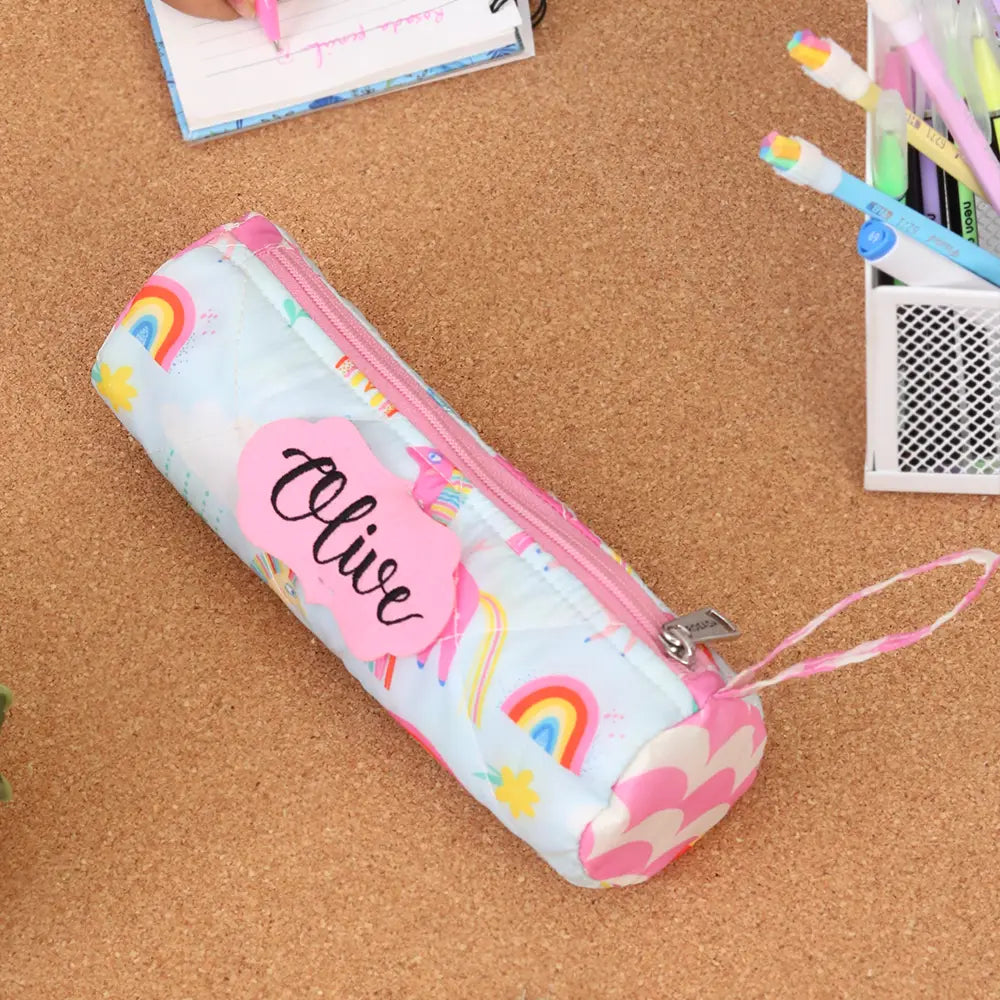 Round Pencil Pouch - Blue Unicorn