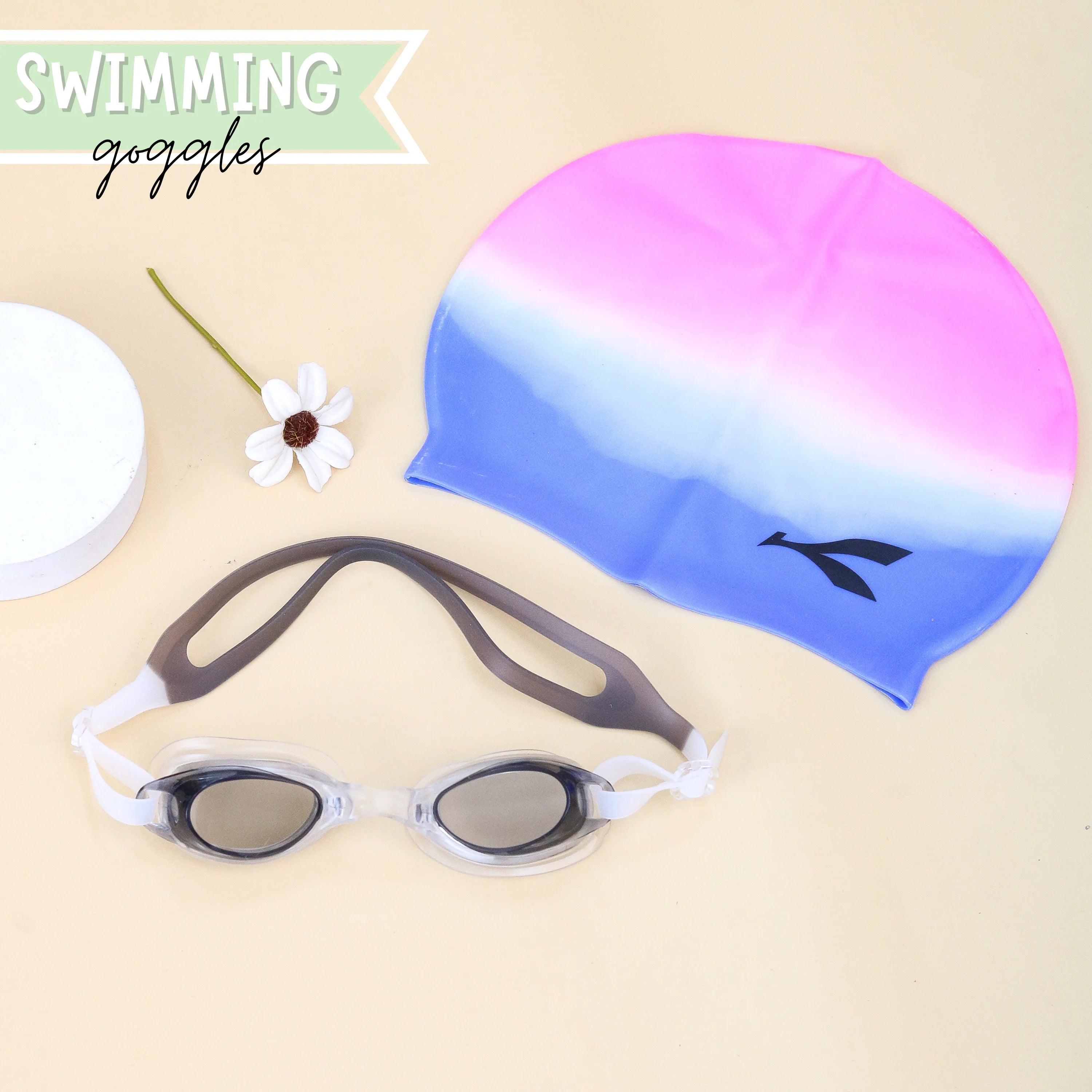 Black Pink Swimming Cap and Goggles