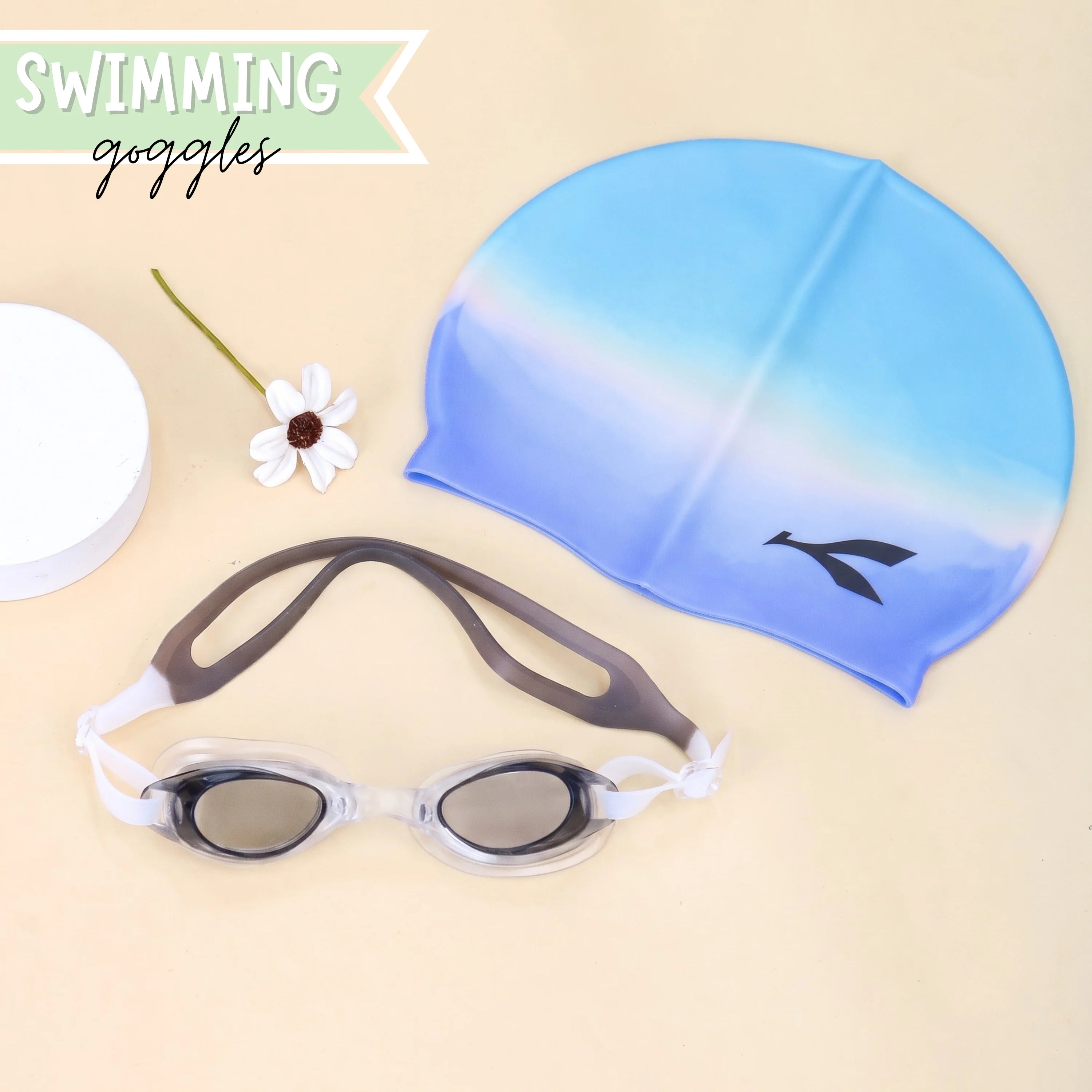 Black Blue Swimming Cap and Goggles