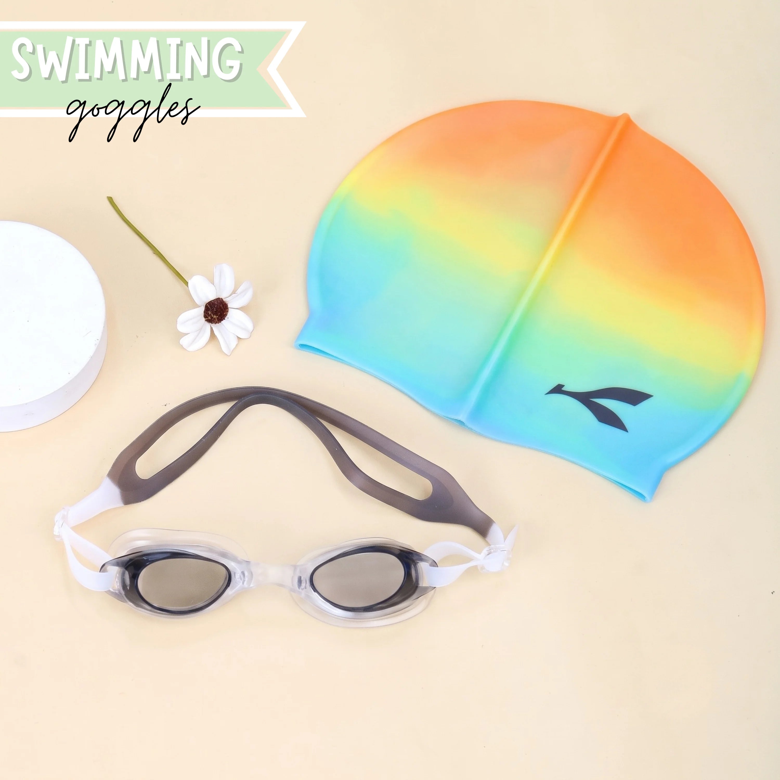 Black Orange Swimming Cap and Goggles