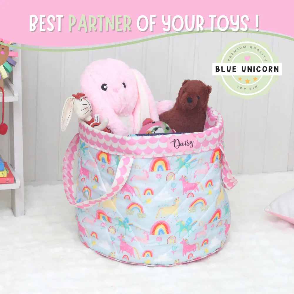 Blue Unicorn Quilted Toy Basket