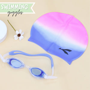 Blue Pink Swimming Cap and Goggles