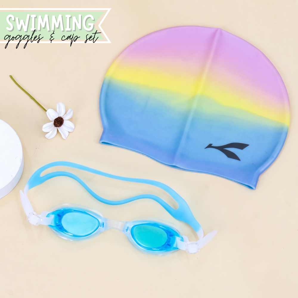 Cyan Purple Swimming Cap and Goggles