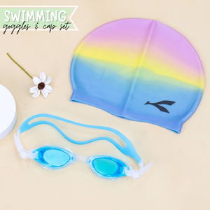 Cyan Purple Swimming Cap and Goggles