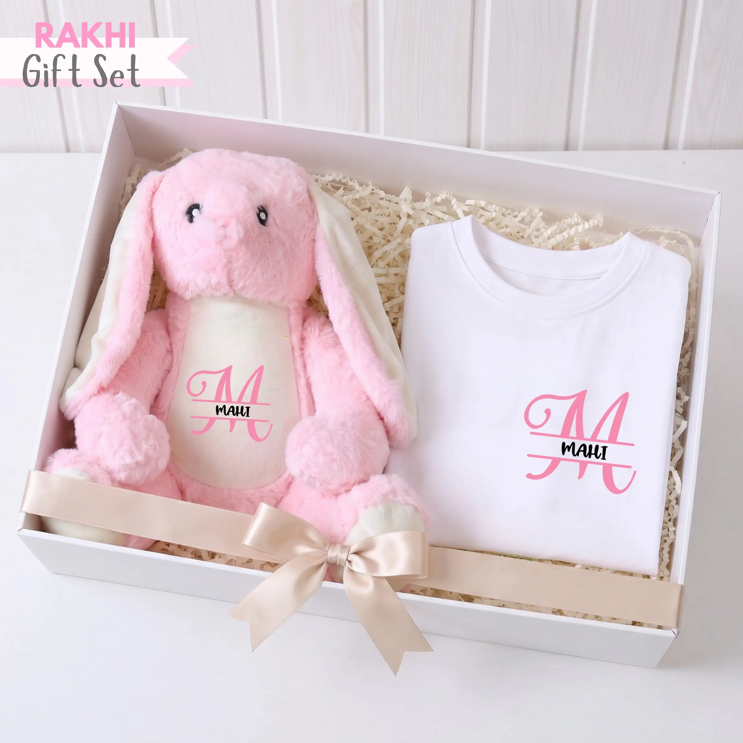 Personalized Name White T-shirt & Bunny Set