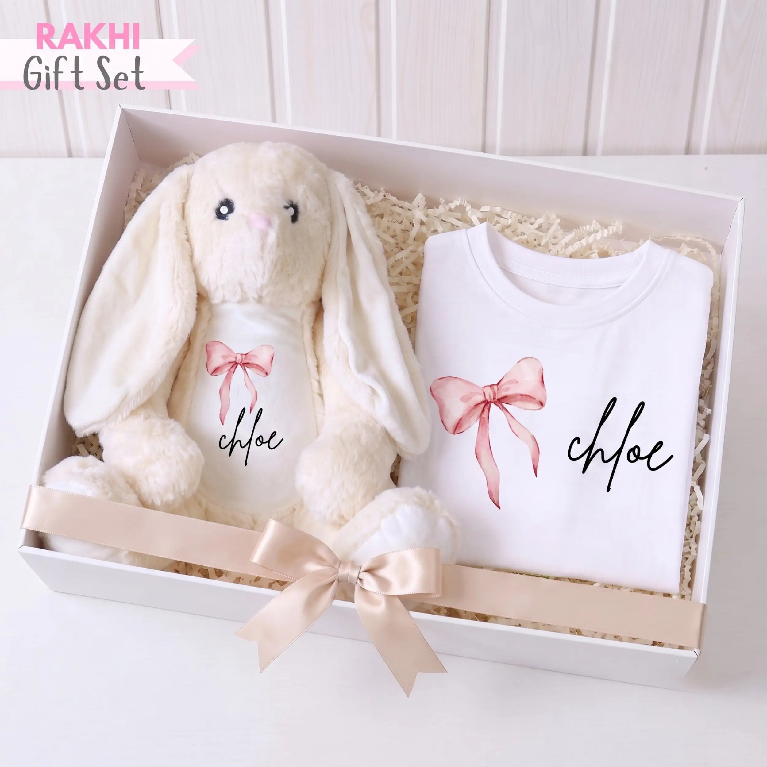 Personalized Bow White T-shirt & Bunny Set