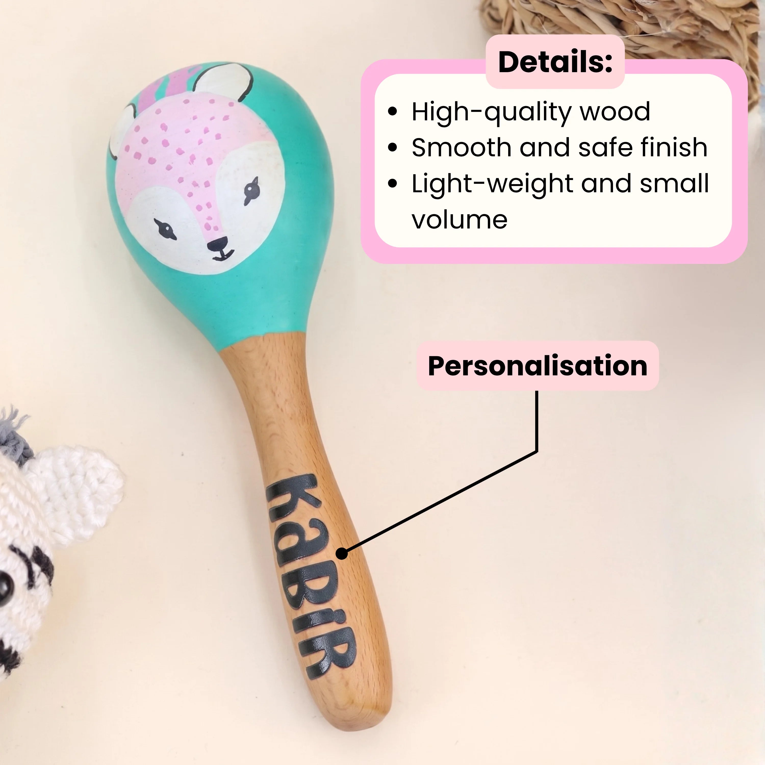Wooden Baby Animal Rattle