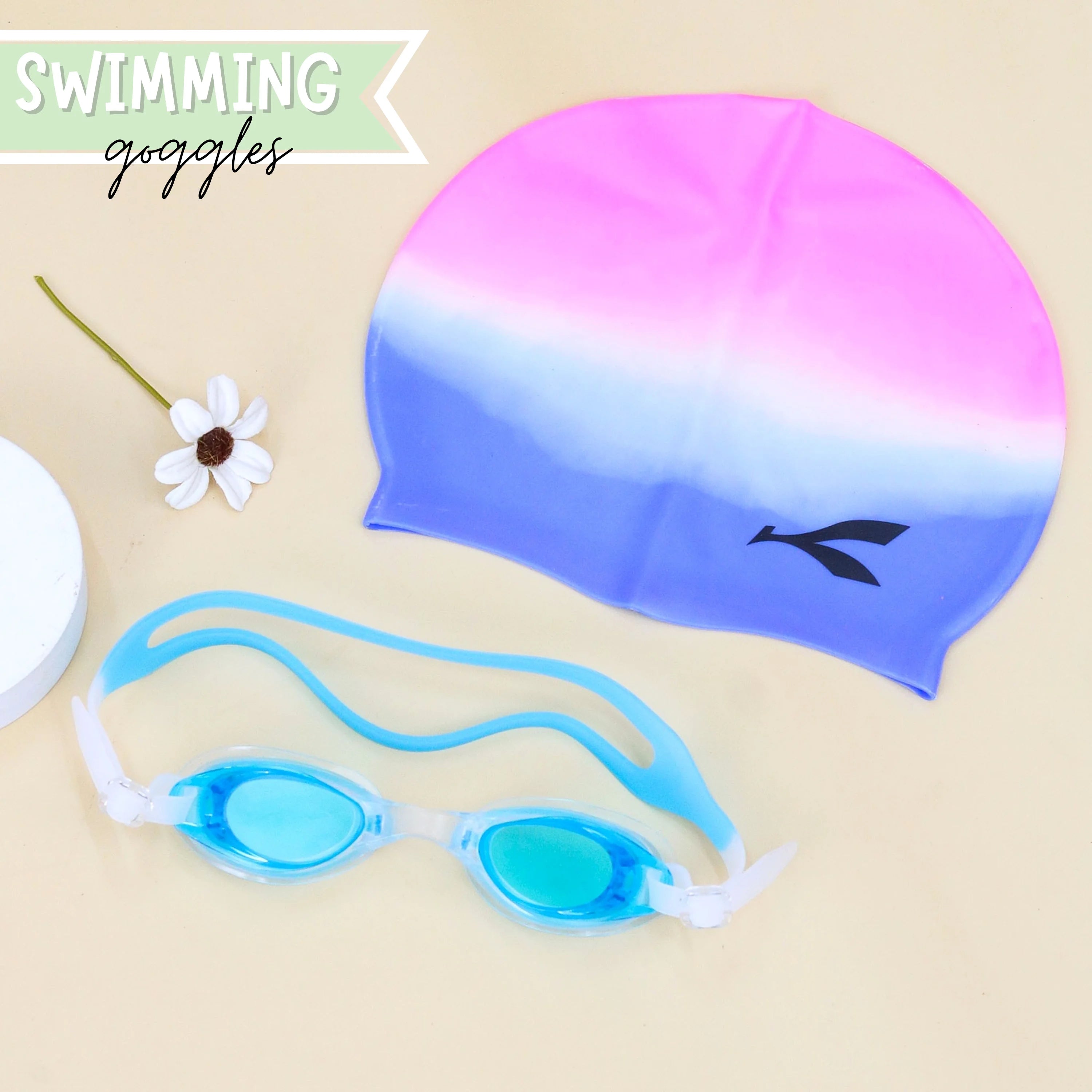 Cyan Pink Swimming Cap and Goggles