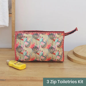 3-Zip Toiletries Kit - Beige Flower