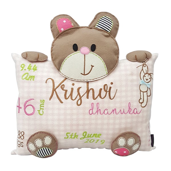 Birth Details Pink Bear Cushion