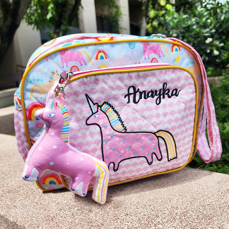 Blue Unicorn Baby Diaper Bag- Close-up of Blue Unicorn Logo on Baby Diaper Bag 