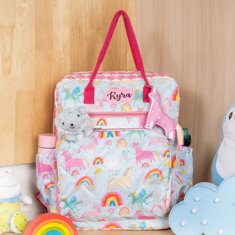 Blue unicorn Diaper Backpack - Close-up of Blue unicorn Logo on Baby Diaper Backpack 3