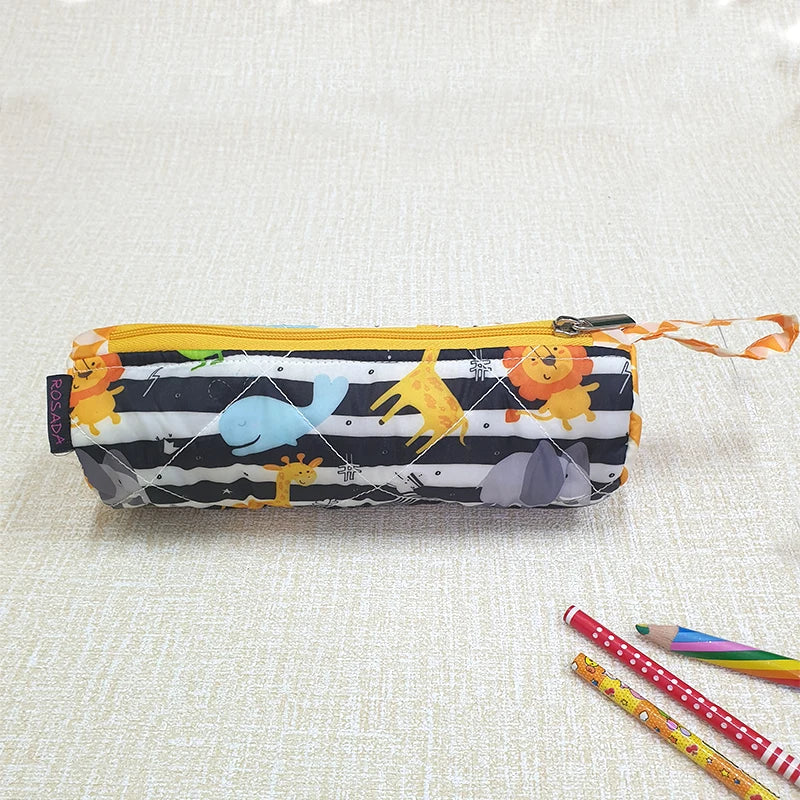 Round Pencil Pouch - Black White Animals